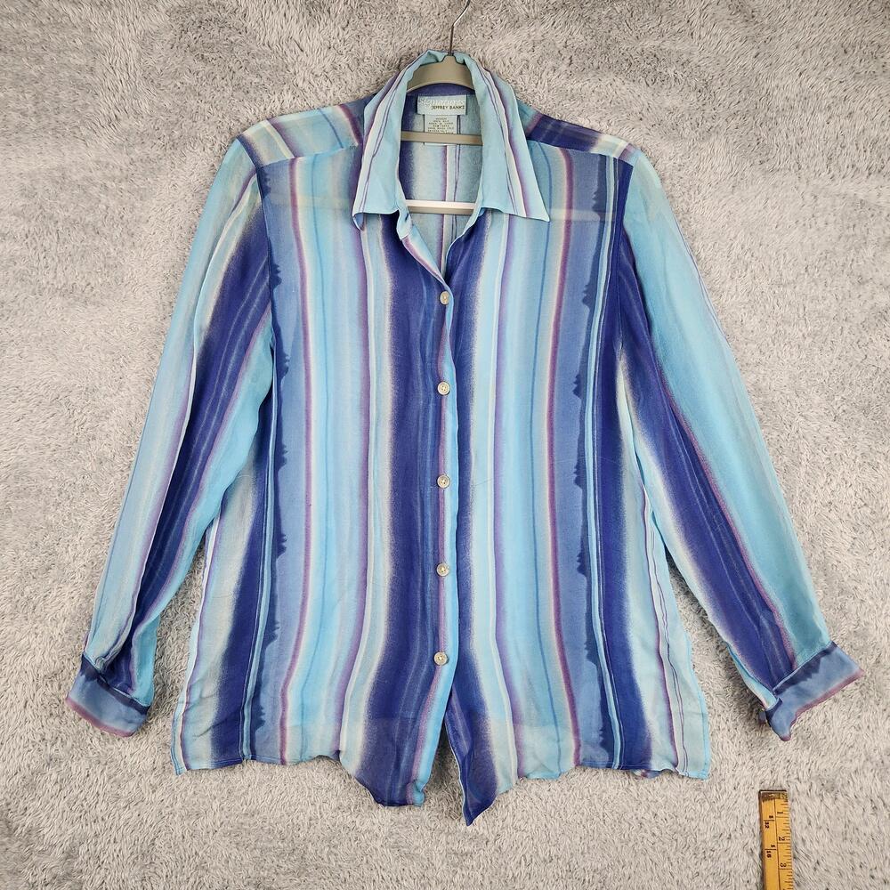 Vintage Jeffrey Banks Blouse Womens Medium Blue 100% Silk Sheer Striped Top Boho